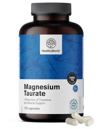 HealthyWorld Magnesium Taurat 2000 mg, 120 Pflanzenkapseln | Magnesium + Taurin, Hoher Gehalt, Für Muskeln und Nervensystem, Gut verträglich