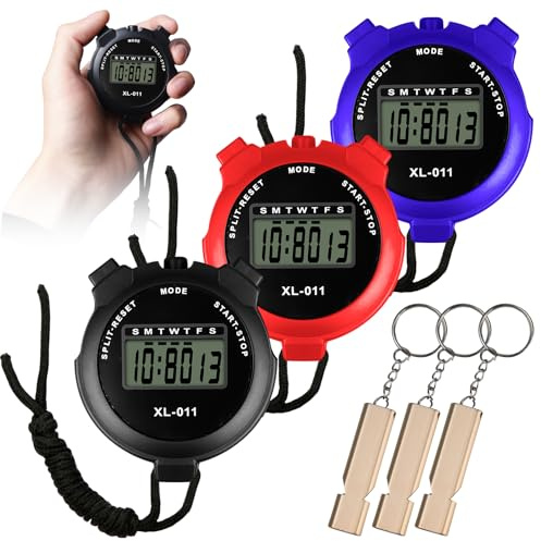 Lot de 3 chronomètres de sport avec 3 sifflets en acier inoxydable, chronomètre numérique étanche, chronomètre numérique portable, pour entraîneur, fitness, course à pied