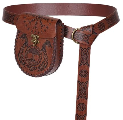 XDGBGFN Mittelalterliche Geprägter Vintage Gürtel mit Seitentasche Set, PU-Leder Geprägter Seitentasche Gürtel für Renaissance Kostüm Zubehör (Braun)