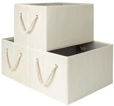 StorageWorks Wardrobe Storage Boxes, 32L Storage Baskets for Organising Clothes, Foldable Baskets for Shelves, Fabric Bins with Handles for Bedroom, Beige, White & Ivory, 3-Pack