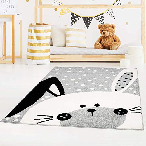carpet city Kinderteppich Bubble Kids Flachflor Schlappohr-Hase, weiß gepunktet in Rosa, Grau, Grün für Kinderzimmer (80 x 150 cm, Grau), bubble-1316-grey-80x150