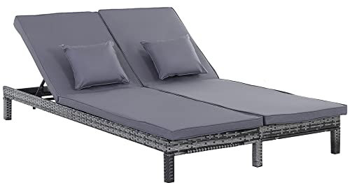 Outsunny Double Rattan Sun Lounger, Garden Daybed with 5-Level Adjustable Backrest, Outdoor Lounge Sunbed with Cushion and Pillows, 2 Seater Wicker Patio Furniture, Grey