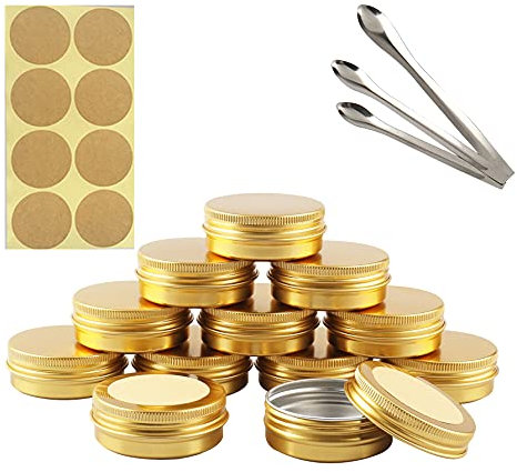 TIANZD 10 Stück Leere 30 ml Rund Gold Aluminium Schraubdose Cremedose Alu-Tiegel Dosen mit Schraub-Deckel 5ml Aludose Blechdosen für Kosmetik Kerze Salben mit 3x Löffel 12x Etikette