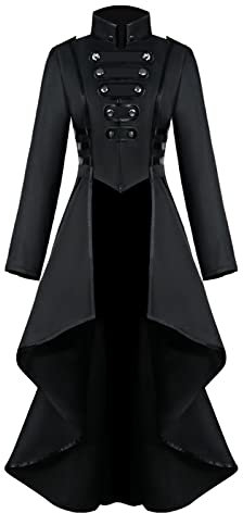 Sangdut Vintage Steampunk Jacket Halloween Costumes for Women, Female Medieval Gothic Renaissance Tailcoat Irregullar Hem Outfits Adult Retro Victorian Pirate Vampire Cosplay Uniform (Black, XXXL)
