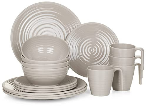Melamin Camping Geschirr Set 4 Personen I Coffee Design I 16 Teilig I Tafelgeschirr Picknick BBQ Kochgeschirr