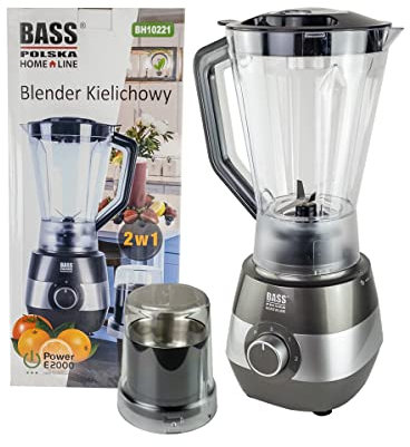 BASS POLSKA Set de batteur sur socle avec broyeur, moulin à café, mixeur, mélangeur - sans BPA - va au lave-vaisselle, en acier inoxydable