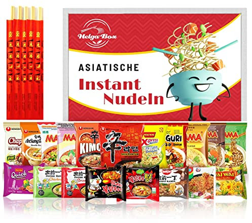 HELGA-BOX Instant Nudeln Box mit 12 verschiedenen Asia Nudeln - enthält 5x Bambus Essstäb - ausgewählter Mix an Instant Ramen Samyang, Mama, kompatibel mit Nongshim, Yumyum. - Ramen Nudeln Geschenkbox