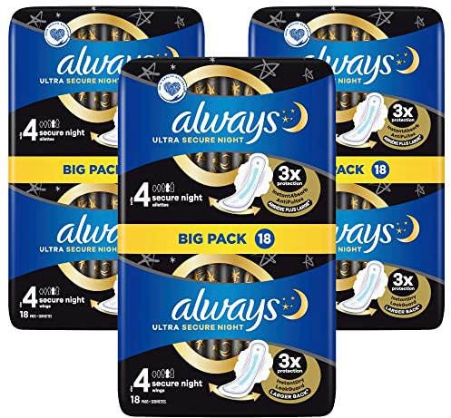 Always Ultra Secure Night (Size 4) Sanitary Pads with Wings, 18 Per Pack (Pack of 3) - 54 Pads in Total
