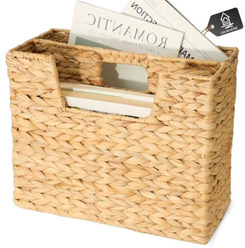 CHI AN HOME Wicker Magazine Basket, Handwoven Water Hyacinth Storage Bin & Organizer for Files, Books, Newspapers, Documents, Decorative Storage Bin with Handle for Office, Living Room, Dorm, Bathroom