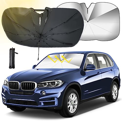 Oziral Parasol Plegable de Coche, Paraguas para Parabrisas Delantero, Sombrilla con Protección UV, Eje Giratorio de 360° Protege tu Coche de arañazos 140 * 79cm