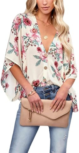 HEYPORK Damen Sommer Top Bluse Bequem Lässig Mode T-Shirt Blusen Frauen Frühling Sommer Strickjacke Fledermausärmel Lässig Lockeres Shirt(Weiß, M)