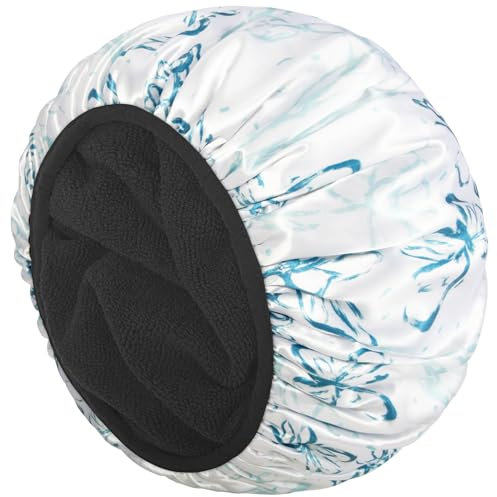 Aquior Shower Cap,Extra Large Triple Layer Bathing Cap with Dry Hair Function for Women Microfiber Terry Cloth Silky Satin 100% Waterproof Reusable Long Hair Bath Caps(Blue line flower)
