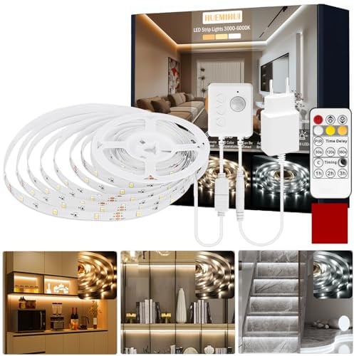 LED Strip 5m, LED Streifen mit PIR Bewegungssensor 3000K-6000K 12V LED Lichtband Kaltweiß Warmweiß, LED Lichtband Selbstklebend mit Fernbedienung, Timer und Dimmbar, für Küche, Party, Schlafzimmer