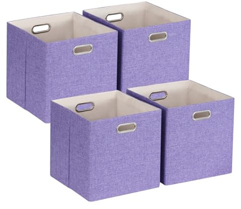 ORGMASTER Foldable Cube Storage Bin Organizing Baskets Cubby Boxes Fabric Storage Cubes Organizer Bins with Handles for Organization Home Office Wardrobe Shelf Closet, 33 x 33 x 33 cm, 4 Pack, Purple