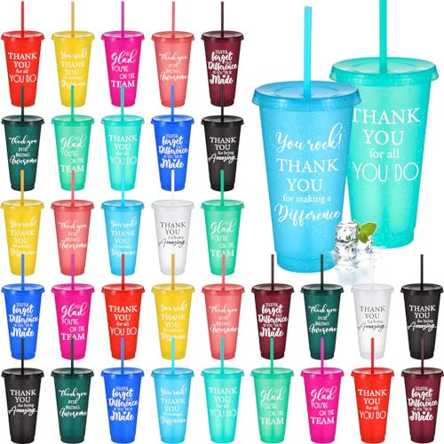 Gerrii 36 Pcs Appreciation Tumbler Bulk for Employee Coworker Thank You 24oz Glitter Plastic Cups with Lids and Straws Reusable Iced Coffee Travel Mug Inspirational Gifts for Birthday (Mixed Colors)