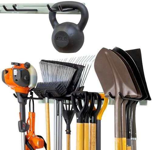 StoreYourBoard Heavy Duty Garden Tool Rack for Garage & Shed – Solid Steel Garden Tool Organiser, 4 Slot Metal Shed Storage Rack for Rakes, Spades & Handle Tools, 113 kg Capacity Garage Wall Storage