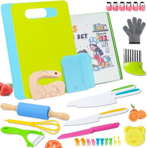 Cuchillo niños Aprendizaje, 32 Kit Cocina Montessori que no Cortadedos, Cuchillo para niños a Partir de los 2 años, Utensilios Cocina niños, Para Cortar Frutas Verduras o Masa (32 piezas)