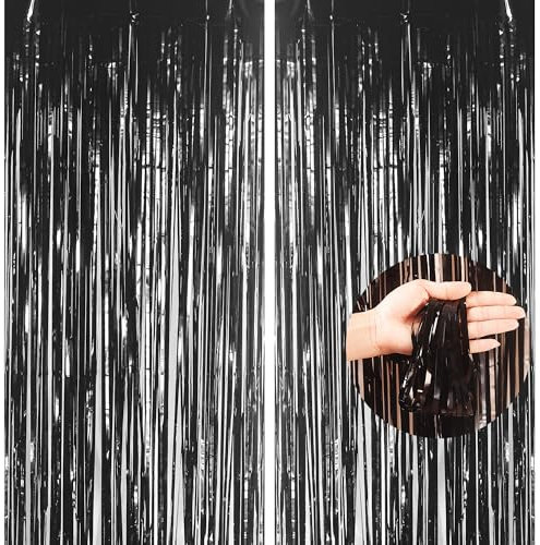 2pcs 3.2 x 8.3ft Glitter Black Tinsel Foil Fringe Curtain Door Tinsel Curtai n Streamers Party Curtain Decorations for Birthday School Graduation Hen Party Photo Banner Christmas Decorations Black