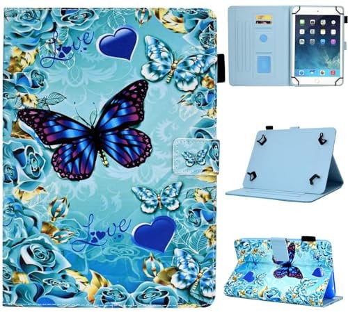 KEROM Universal 10 Inch Tablet Case, Universal 10.1 Inch Tablet Case, Cute PU Leather Folio Stand Protective Cover for 9.5-10.5 Inch Tablets, Blue Buttefly