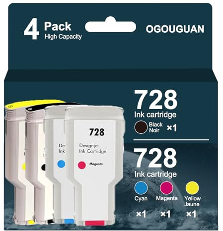 728 Tintenpatrone 300 ml für HP 728 HP728 Tintenpatrone F9J68A F9K17A F9K16A F9K15A, kompatibel mit HP DesignJet T730 DesignJet T830 (Mattschwarz, Cyan, Magenta, Gelb)