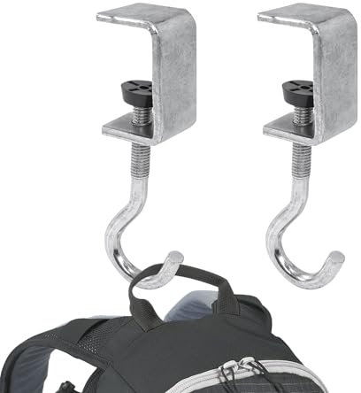 Zayin 2 Pack Desk Bag Holder Schoolbag Hooks Headphone Hanger Stand, Adjustable Metal Under Desk Clamp Hook Mount for Portable Bag Gaming Headphones Clothes Table Hook, Save Space(Silver 2pcs)