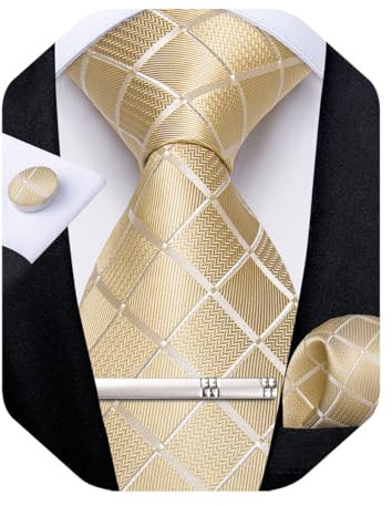 DiBanGu Seidenkrawatten für Herren, formell, kariert, Krawatte und Einstecktuch, Manschettenknöpfe, Krawattenklammer, Hochzeitskrawatte mit Geschenkbox, champagnerfarben / goldfarben, Einheitsgröße
