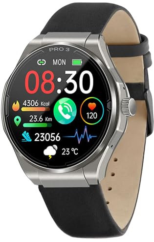 Knauermann PRO 3 (2024) Silber - Gesundheitsuhr Smartwatch mit Telefoniefunktion - EKG + HRV und SOS Funktion - AMOLED Display- BT Bluetooth - Schlafapnoe - Echtlederband Schwarz, 14-24, rund