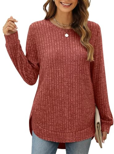 XIEERDUO Pullover Damen Strickpullover Sweatshirt Langarmshirt Herbst Winter Tunika Tshirt Elegant Oberteile Top Karamell S