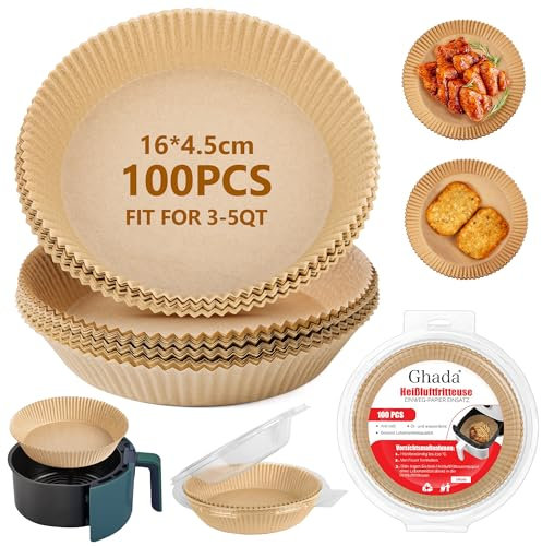 GHADA Backpapier für Heißluftfritteuse M (Ø 16–20 cm), 100 Stk – ungebleicht, Antihaft, hoher Rand – Airfryer Einlagen für 3–5 L, bis 230 °C, wasser- & ölbeständig