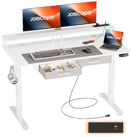 JOISCOPE Height-Adjustable Desk with Monitor Stand and 2 Drawers, Memory Height, Standing Desk with Outlets, USB & Tpye-C and Side Hook, Ideal for Office Desk and Home Desk, 120cm, White