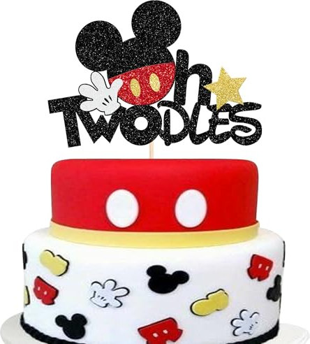 SYKYCTCY 1 Pack Mouse Oh Twodles Birthday Cake Toppers - Glitter White Gloves Star Mouse Inspired Second Cake Pick for Baby Shower Kids Party Decorations Supplies Red