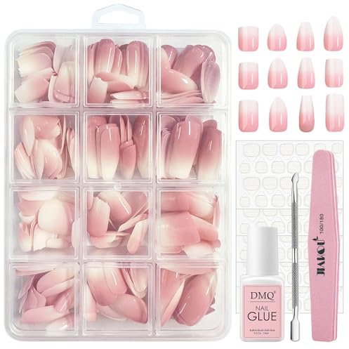 DMQ Ombre False Nails Kit with Glue Set, 288Pcs Natural Gradient Pink Press on Nails, Almond Coffin Fake Nails Pink Tips, 12 Sizes Glossy Full Cover Stick on Nail for Women Girls Nails Art
