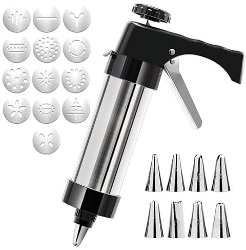 WUETOAYA Cookie Press Gun Kit for Baking, Stainless Steel Maker Machine with 13 Cookie Discs and 8 Icing Piping Nozzle for DIY Biscuit Cake Dessert Making and Decoration.