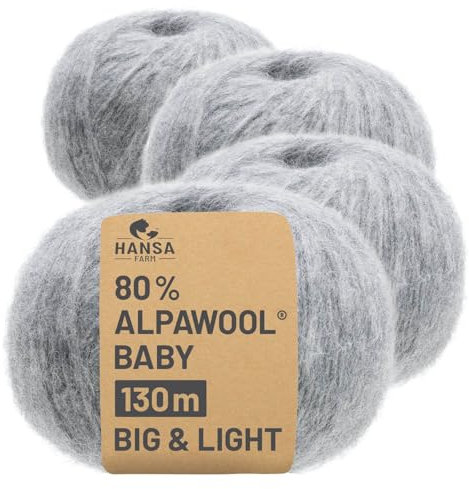 HANSA-FARM |Alpawool 80% Baby Alpaka Big & Light 200g Set (4 x 50g) leichte und kratzfreie Wolle zum Stricken & Häkeln - NFA10 Hellgrau