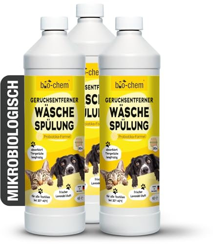 bio-chem Geruchsentferner Wäschespülung 3x 1000 ml - Mikrobiologischer Wäsche Enzymreiniger mit Messbecher - Geruchsneutralisierer gegen Geruch von Urin, Hund & Katzen für alle Textilien - Made in DE