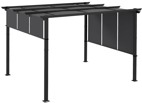 Outsunny Pergola avec 3 Toiles coulissantes 3,5 x 3 x 2,35 m Structure Acier Noir Toile Polyester Haute densité Gris foncé