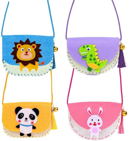 JDCMEI 4 Stück Nähset Sacs DIY Kinder, Nähset für Kinder, Tierformen Filz Bastelset, Nähen Handgefertigte Taschen, DIY Kreativ Geschenk für Kindergeburtstag