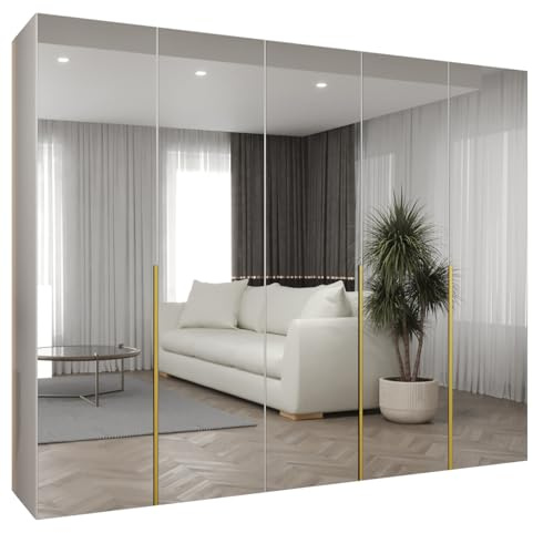 MEBLE KRYSPOL - Kleiderschrank mit Spiegel - Drehtürenschrank - Schrank 250 x 202 x 52 cm - Garderobenschrank Schlafzimmer, Flur, Jugendzimmer - Weiß, Griff Gold - Alicante 3