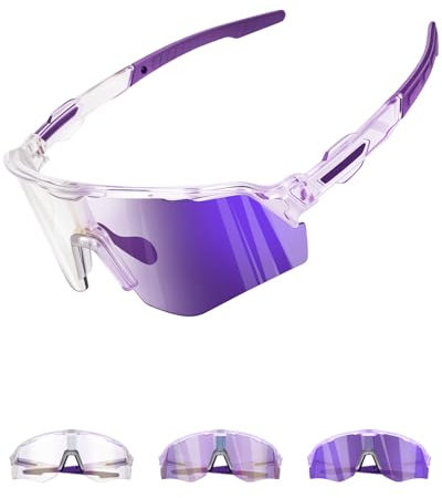 Winyoher Fahrradbrille Damen Selbsttönend,Photochrom Rahmen,Schnelle Sport Brille Sonnenbrille Herren, UV400 Laufbrille Für Beachvolleyball, Radfahren - Lila