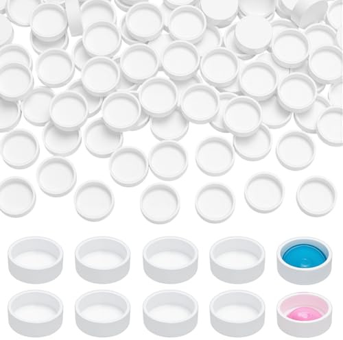 PH PandaHall 100 Stück Flache runde Wasserfarbenpfännchen 0,6 ml Leere Kunststoff-Farbenpfännchen Kleine Pfännchenbox Wasserfarben-Palettenpfännchen für DIY-Kunst, Zeichnen, Malen, weiß