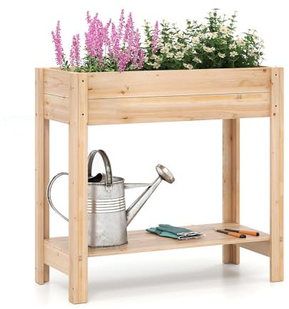 COSTWAY Cama de Jardín Elevada de Madera con Patas 81 x 38 x 77 cm, Huerto Urbano, Jardinera Elevada con Estante, Drenaje, Caja de Plantación, Jardineras Altas Exterior para Terraza Exterior, Natural
