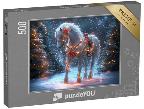 puzzleYOU: Puzzle 500 Teile „Festlich geschmücktes Pferd im Weihnachtswald“