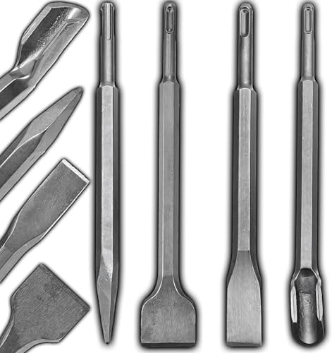 Retoo SDS Plus Meißel Set 4 teilig, 250 mm, Flach, Spitz und Fliesenmeißel | Legierter Stahl, SDS Plus Aufnahme, für Beton, Fliesen und Mauerwerk, mit Etui