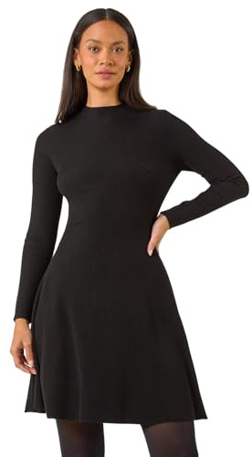 Dusk Fashion Ribbed Skater Jumper Dress for Women UK - Ladies Everyday Autumn Winter High Neckline Comfy Soft Evening Vacation Work Party Night Out - Black - Size 18