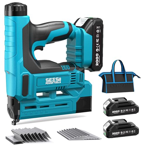 SEESII 18V 2-in-1 Cordless Nail Gun & Stapler with 2 Batteries and Charger | 18-gauge brad nails 5/8-1-1/4, 6-stage depth, 1000 fasteners, carrying case, contact safety, softwood/OSB/plywood