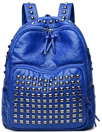 Nietenrucksack Frauen Weicher Leder Rucksack Multi-nieten Design Damen Reise Pendler Tasche Vintage FüR Damen(Blue)