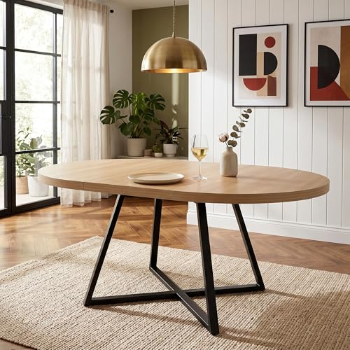STAPERFO Runder ausziehbarer Esstisch 100/140x100 cm für 4-6 Personen – mit 3 cm Dicker MDF-Tischplatte & stabilen Metallbeinen, platzsparend für Esszimmer, Küche, Wohnzimmer (Eichenoptik)