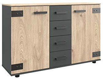 Wimex German Malmo Kommode Kommode Kommode Kommode Kommode mit 4 Schubladen und 2 Türen Silber Eiche Grau