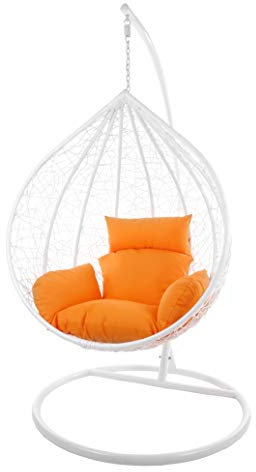 Kideo Komplettset: großer Hängesessel mit Gestell & Kissen, Indoor & Outdoor, Poly-Rattan (Korb & Gestell: weiß, Kissen: orange Nest (3030 Tangerine))