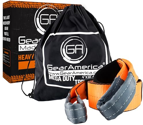 GearAmerica Mega Tree Saver Winch Strap 4x10' | Ultra Heavy Duty 45000 lbs (22.5 US Tons) Strength | Triple Reinforced Loops + Protective Sleeves | Emergency Truck Towing | Free Storage Bag + Strap